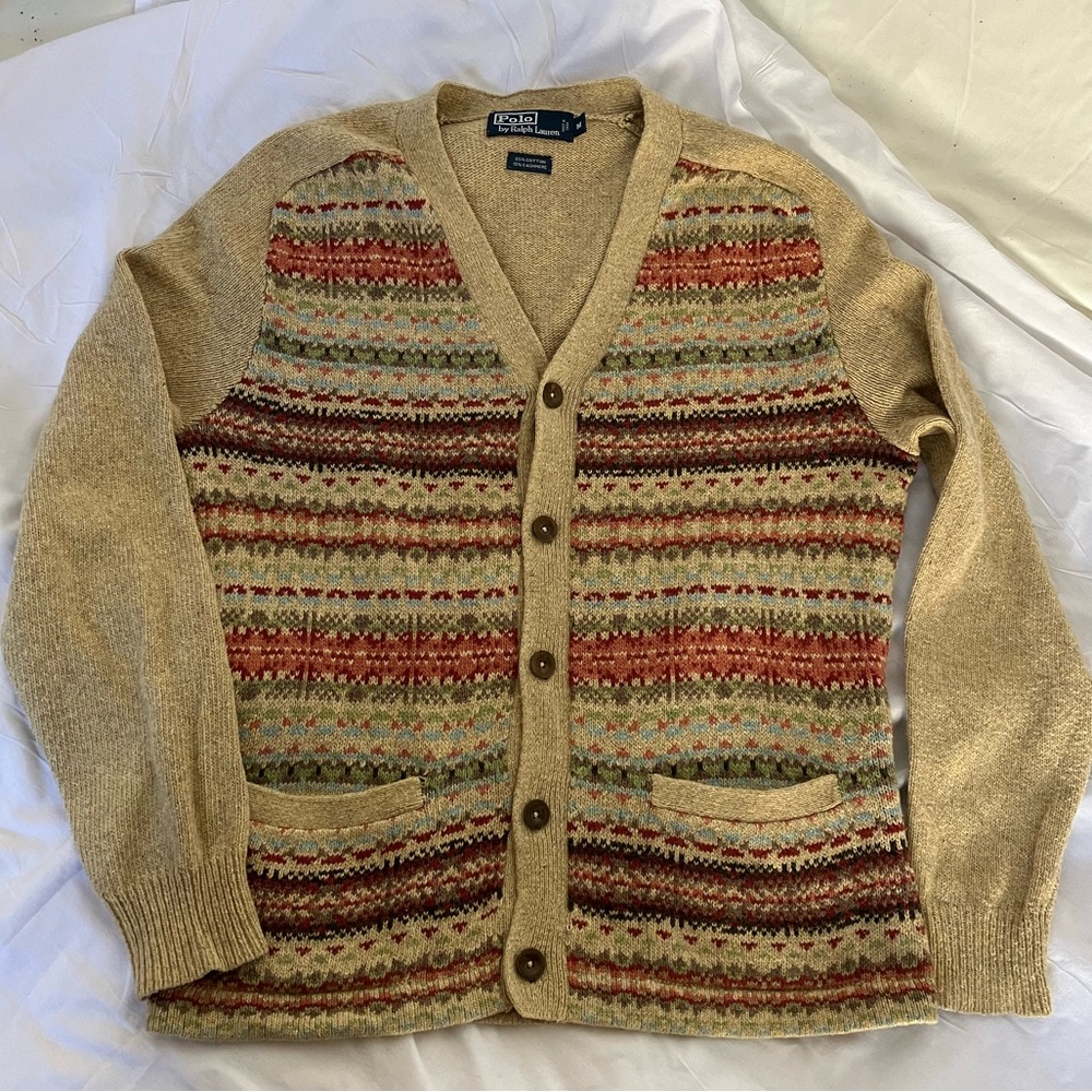 Vintage Polo by Ralph Lauren Beige Fair Isle Button-Up Cardigan Men’s M